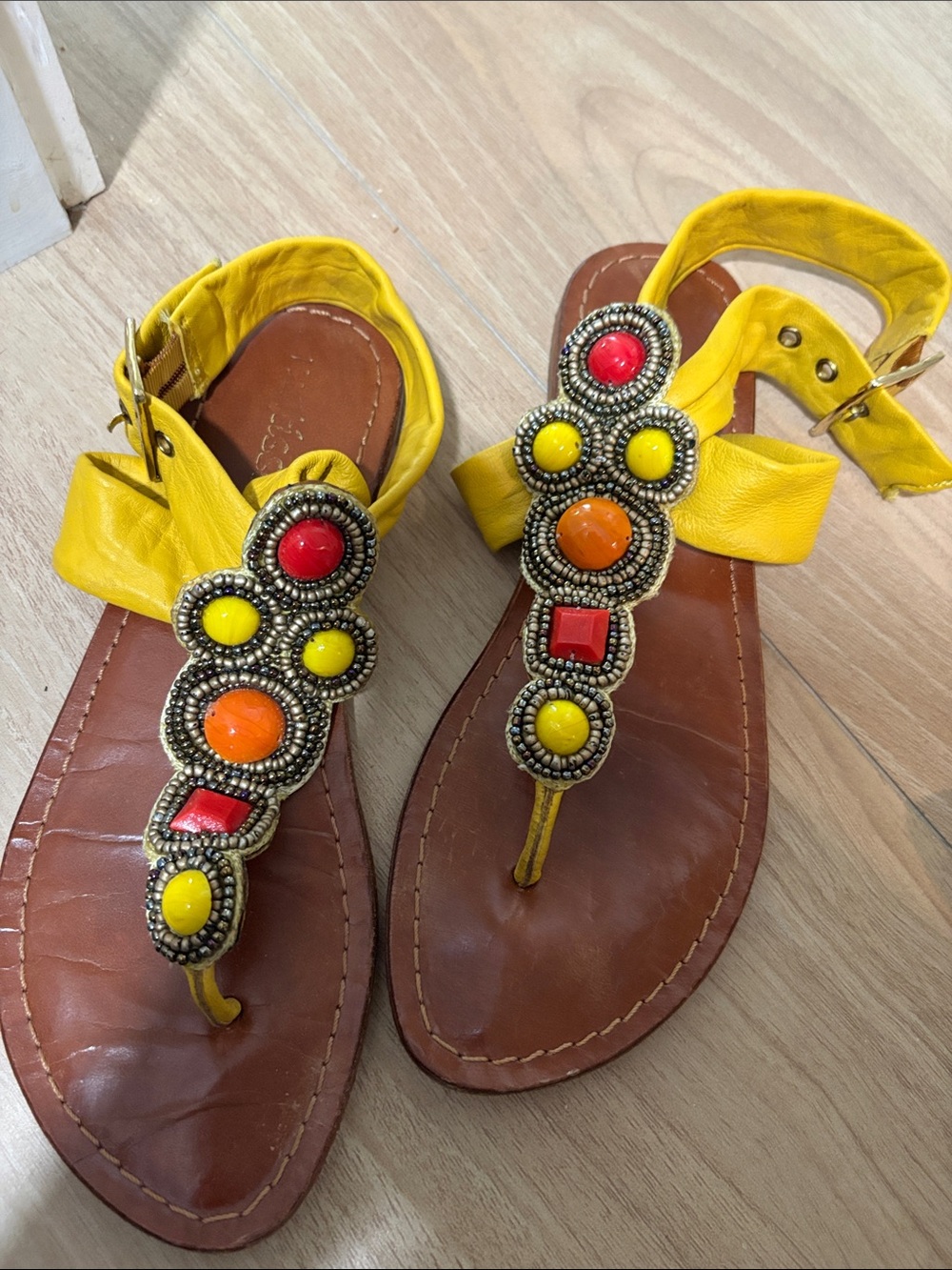 Matisse Yellow Beaded T-Strap Sandals with Red & Orange Accents